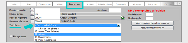 Gestion des tarifs des tiers en compte